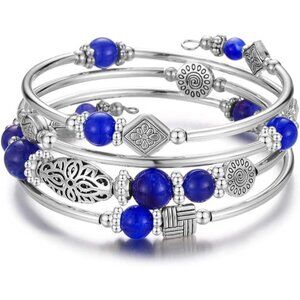 11-sapphire Layered Wrap Bangle Bead Bracelet w/ Agate Stone